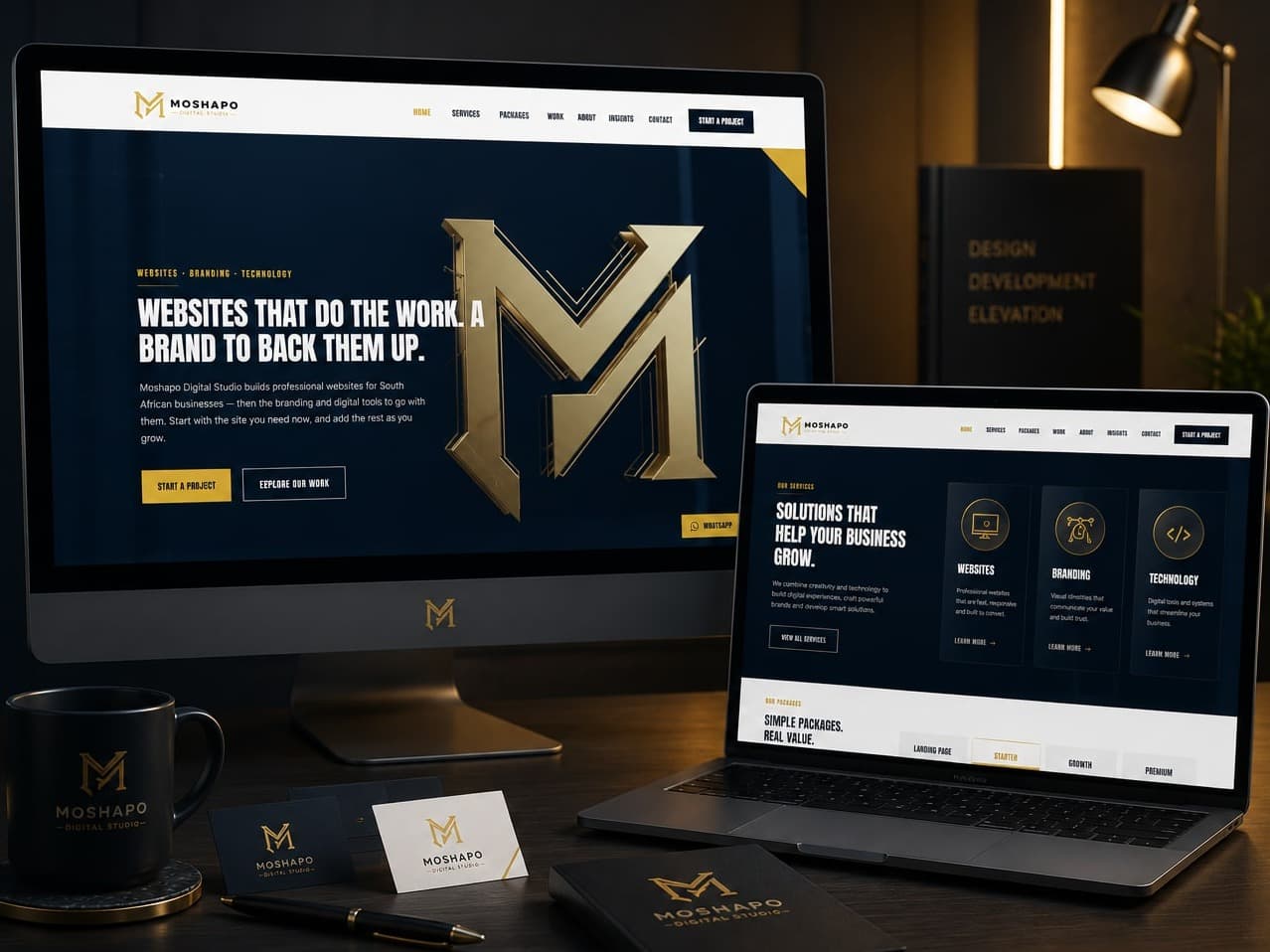 The Moshapo Digital Studio website shown on a desktop monitor and a laptop, alongside branded business cards and stationery